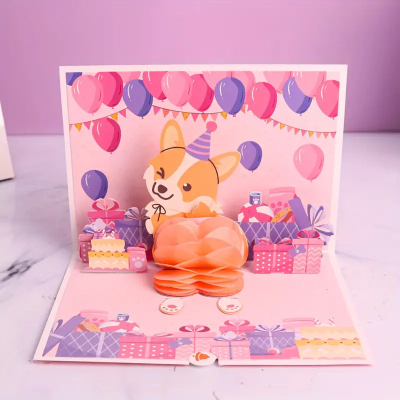 Happy Birthday 3D Pop Up Party Corgi Dog Greeting Card. (Ideal for dog lovers)