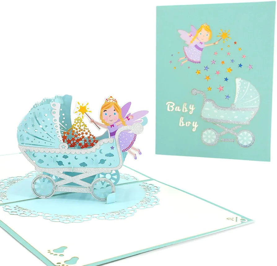 Beautifully crafted New-born Boy Pop Up Greeting Card with Buggy (Stroller) Fairy Design (Baby Shower)