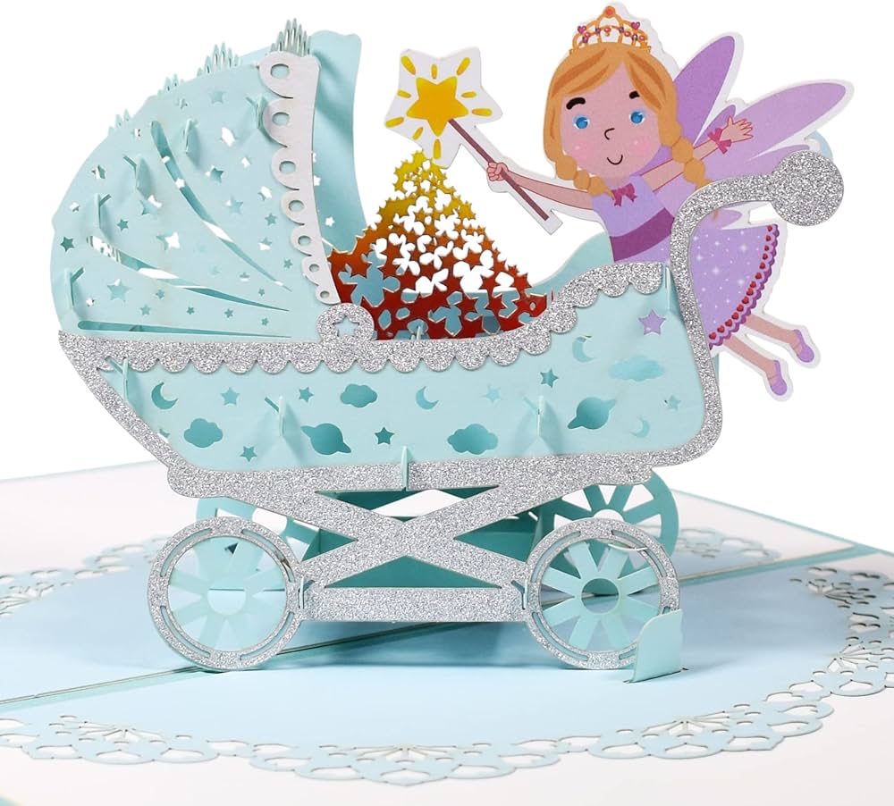 Beautifully crafted New-born Boy Pop Up Greeting Card with Buggy (Stroller) Fairy Design (Baby Shower)