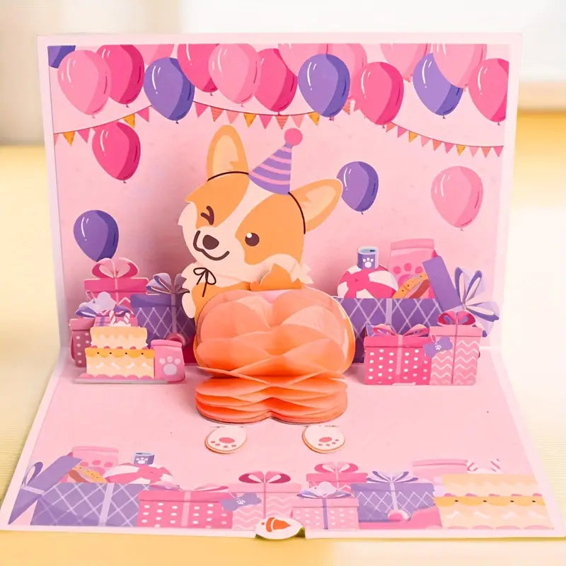 Happy Birthday 3D Pop Up Party Corgi Dog Greeting Card. (Ideal for dog lovers)