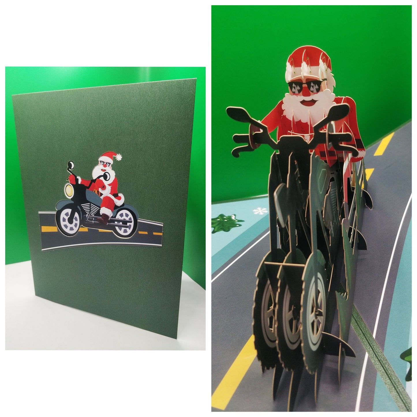 Beautifully Crafted Santa on Motorcycle Pop Up Christmas Card