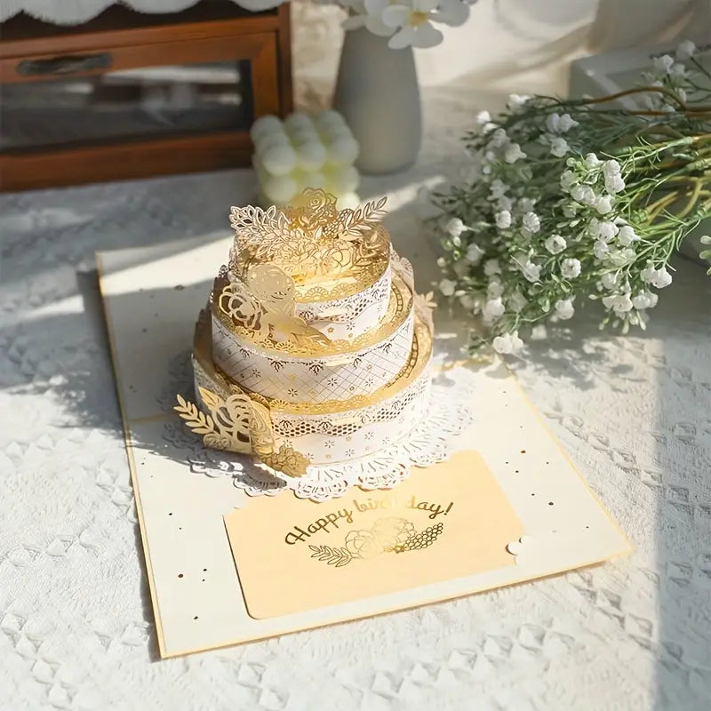 Amazing Beautiful Elegant Happy Birthday 3D Pop Up Cake Greeting Card