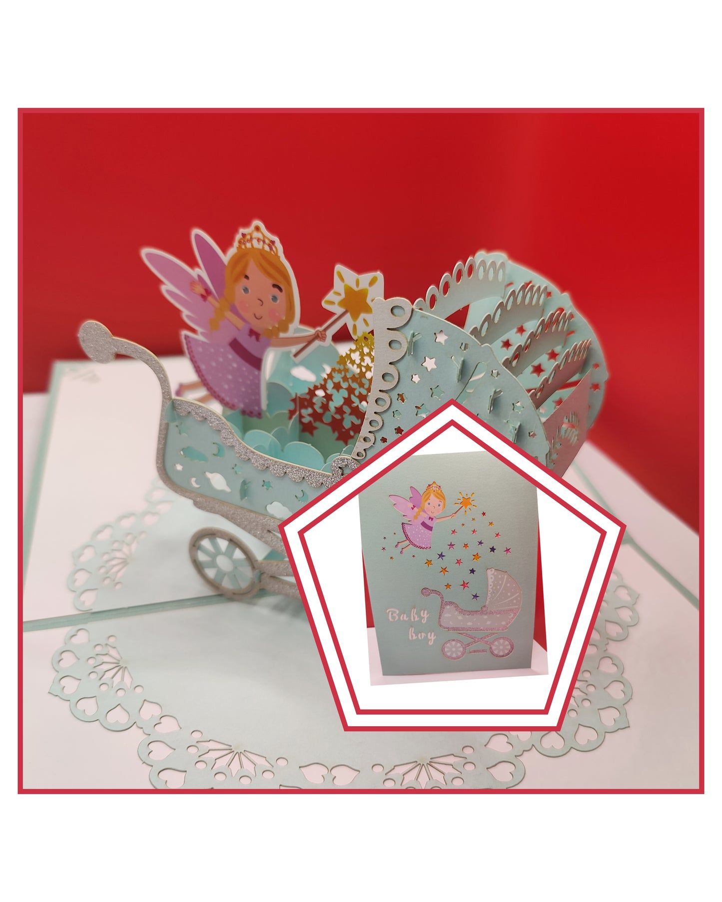 Beautifully crafted New-born Boy Pop Up Greeting Card with Buggy (Stroller) Fairy Design (Baby Shower)