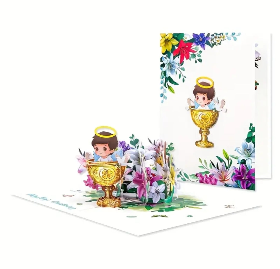 Beautifully Crafted Baby Boy Pop Up Christening (Baptism) Card