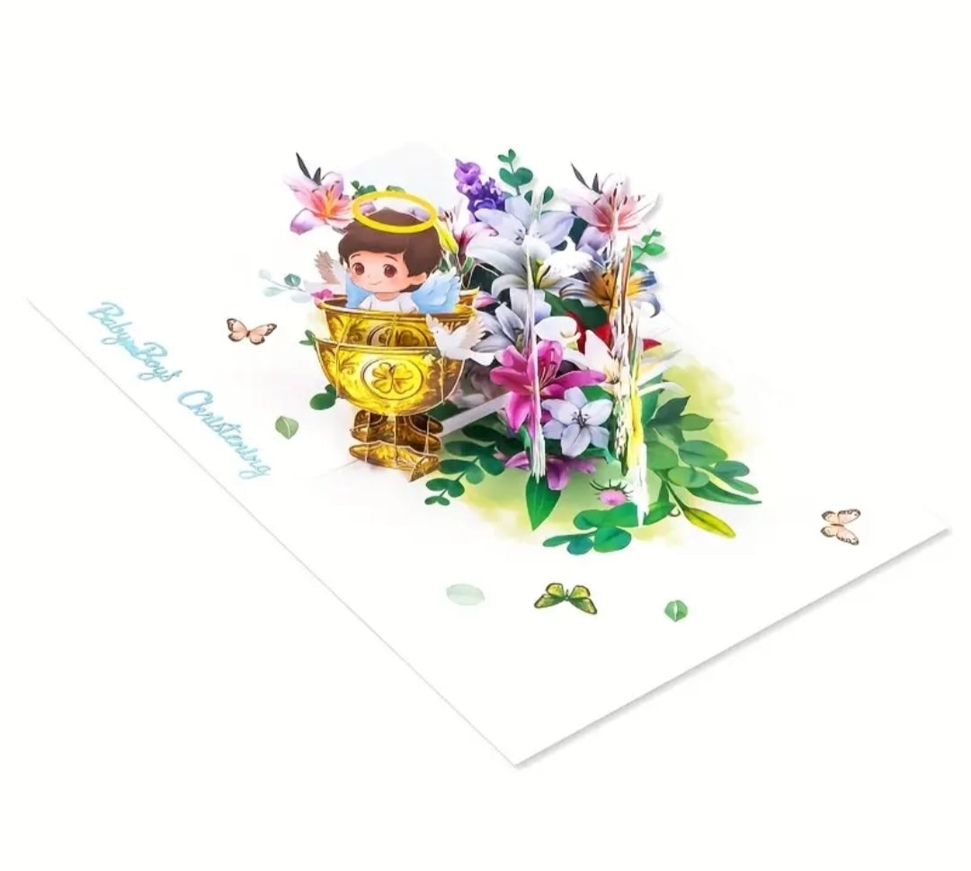 Beautifully Crafted Baby Boy Pop Up Christening (Baptism) Card