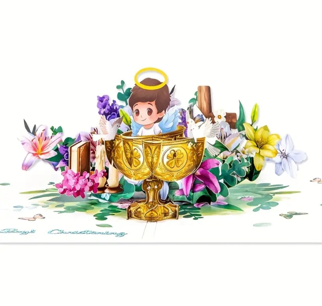 Beautifully Crafted Baby Boy Pop Up Christening (Baptism) Card