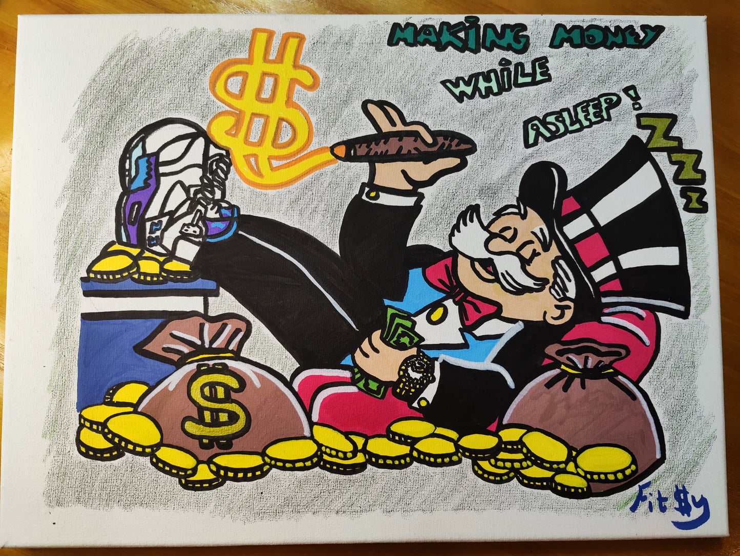 Original Hand Painted Monopoly Style Man on Canvas. (Only One Available and Signed by the Artist Fitzy) Making Money While Asleep.