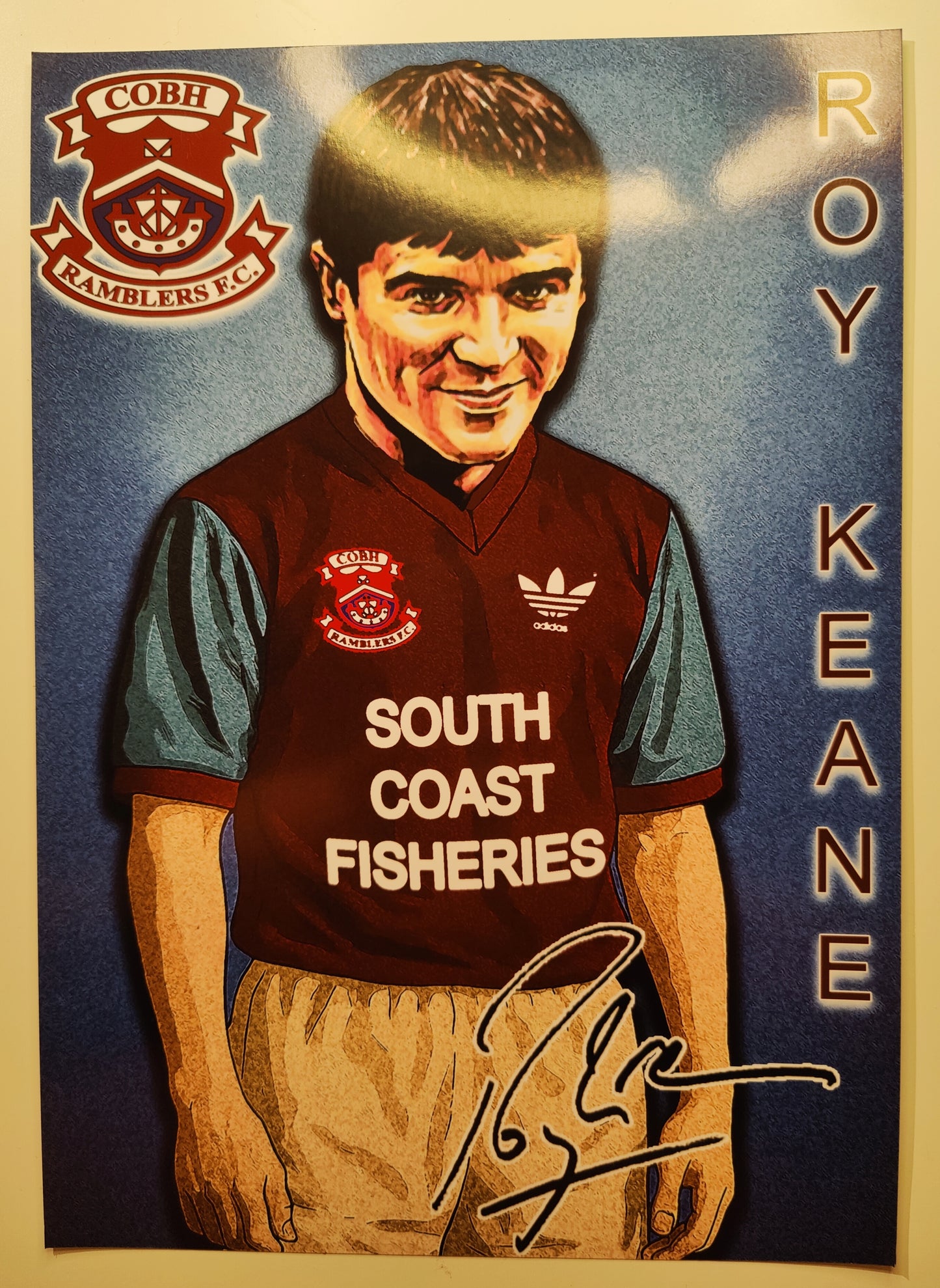 Roy Keane High Quality Art Print of his Cobh Ramblers Playing Days with a print copy of his autograph