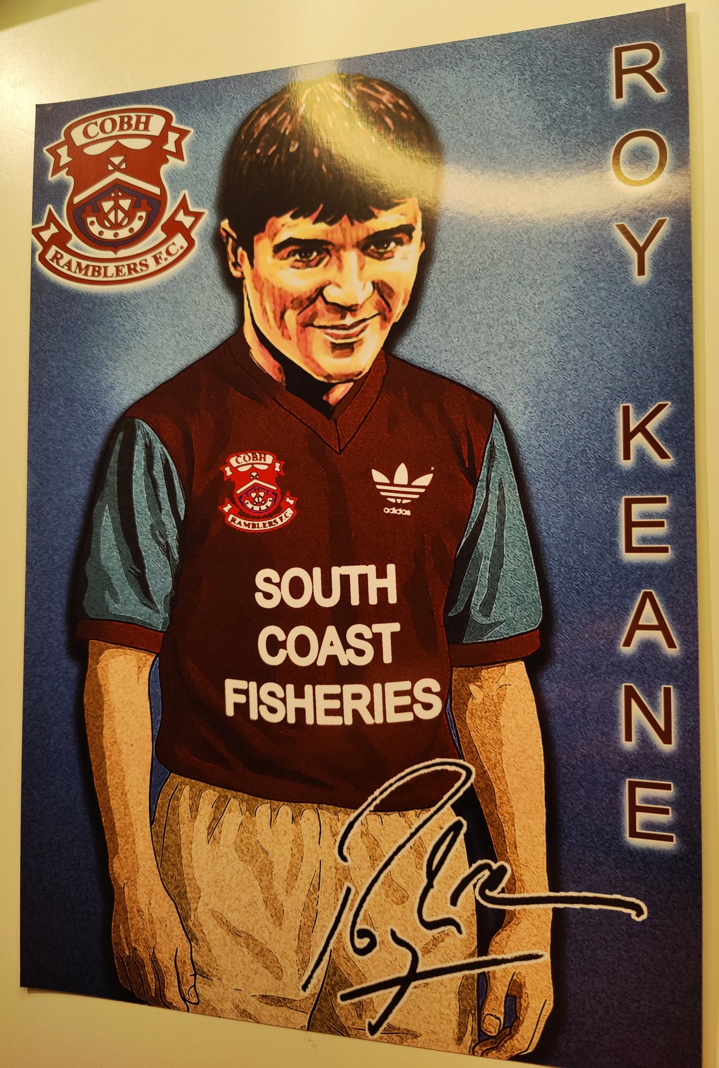 Roy Keane High Quality Art Print of his Cobh Ramblers Playing Days with a print copy of his autograph