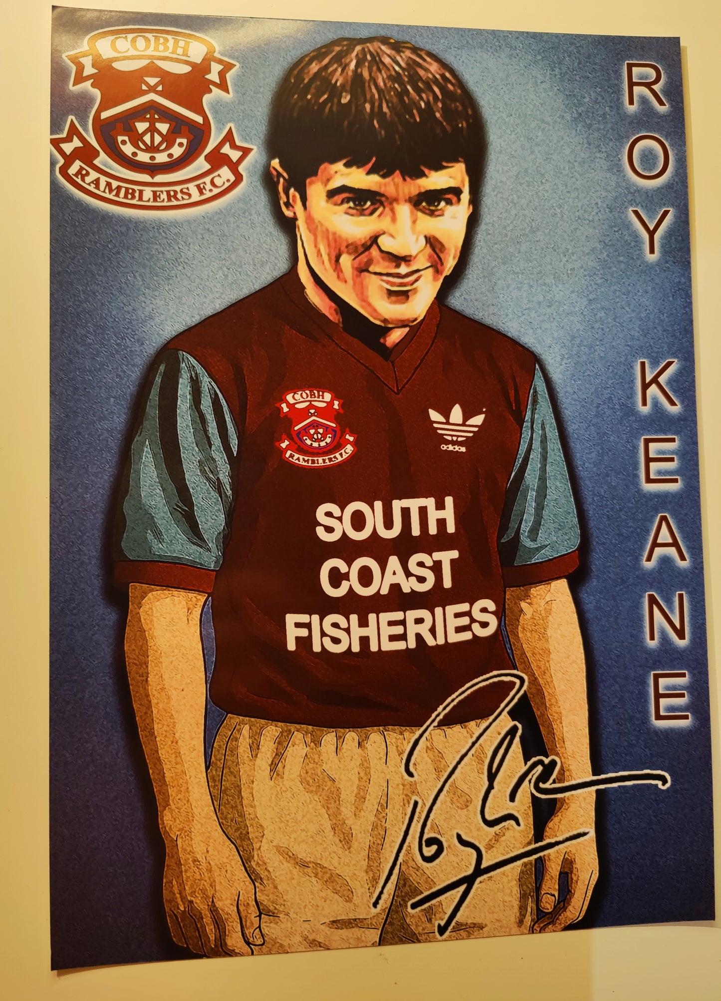 Roy Keane High Quality Art Print of his Cobh Ramblers Playing Days with a print copy of his autograph