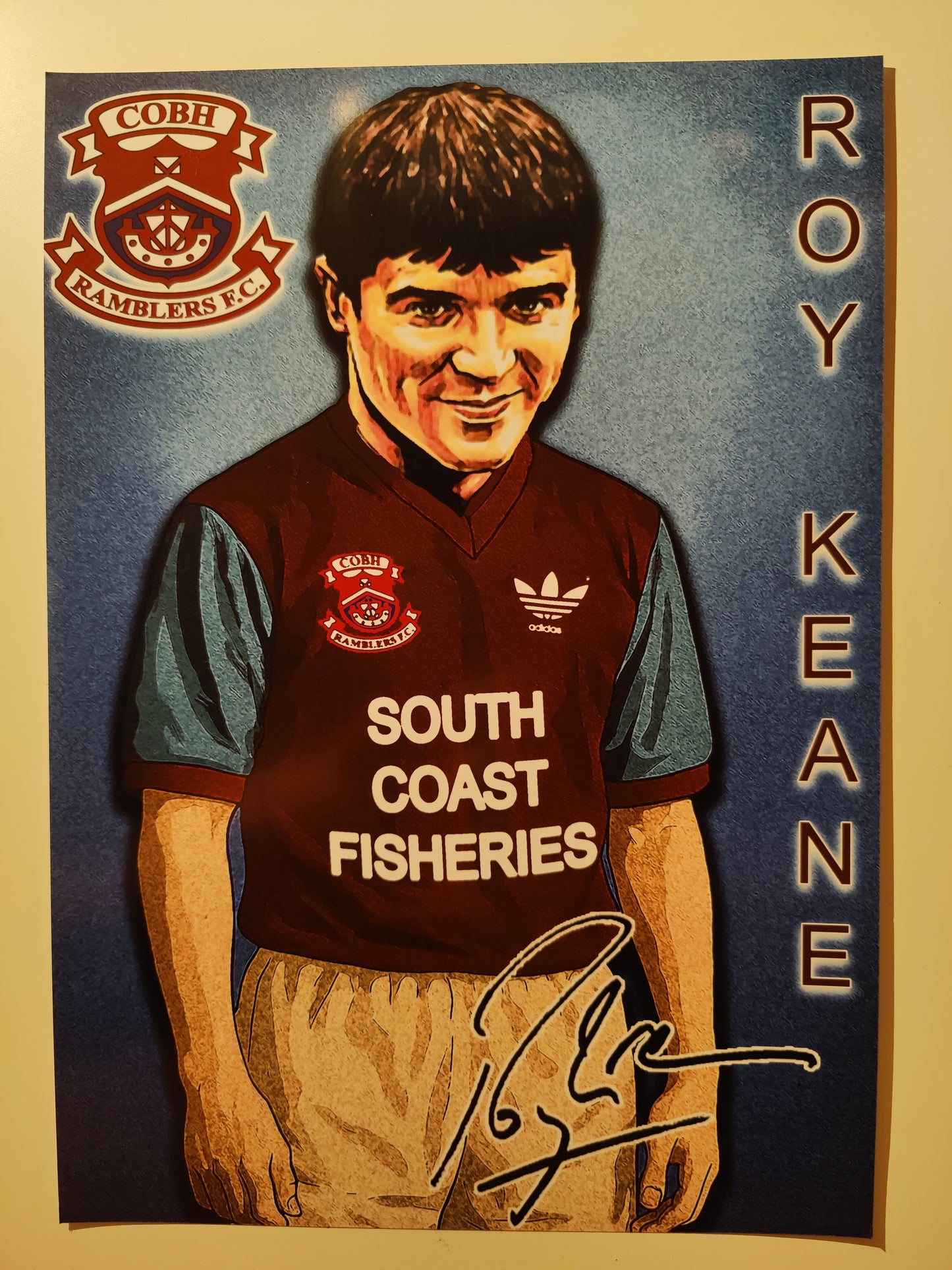Roy Keane High Quality Art Print of his Cobh Ramblers Playing Days with a print copy of his autograph
