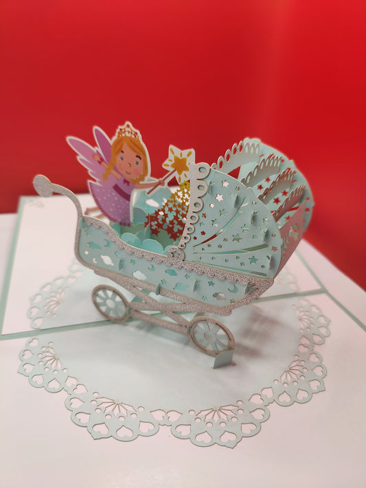 Beautifully crafted New-born Boy Pop Up Greeting Card with Buggy (Stroller) Fairy Design (Baby Shower)
