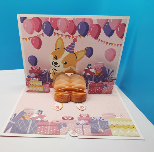 Happy Birthday 3D Pop Up Party Corgi Dog Greeting Card. (Ideal for dog lovers)