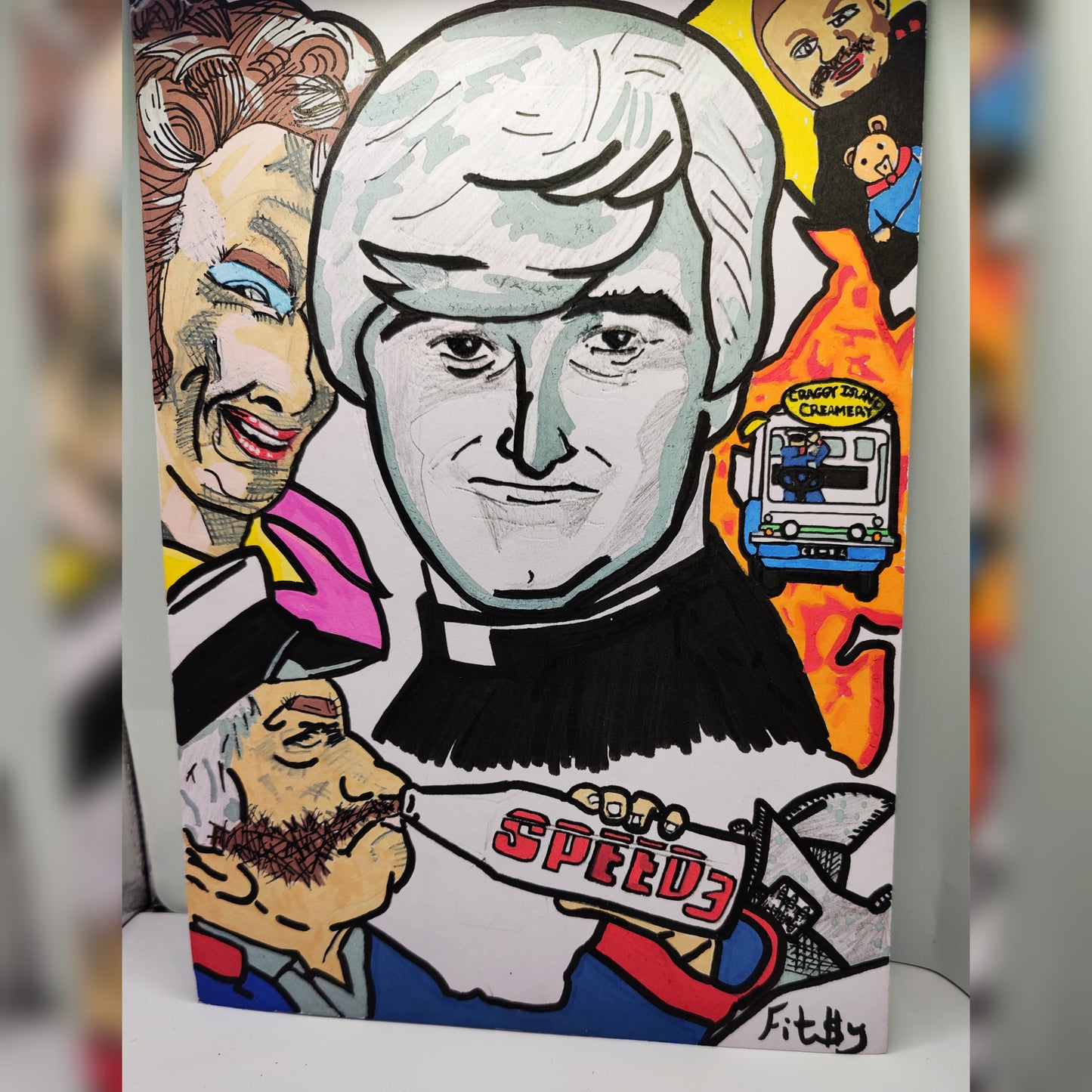 Original Art Painting of Father Ted Speed 3 by Irish Artist Fitzy