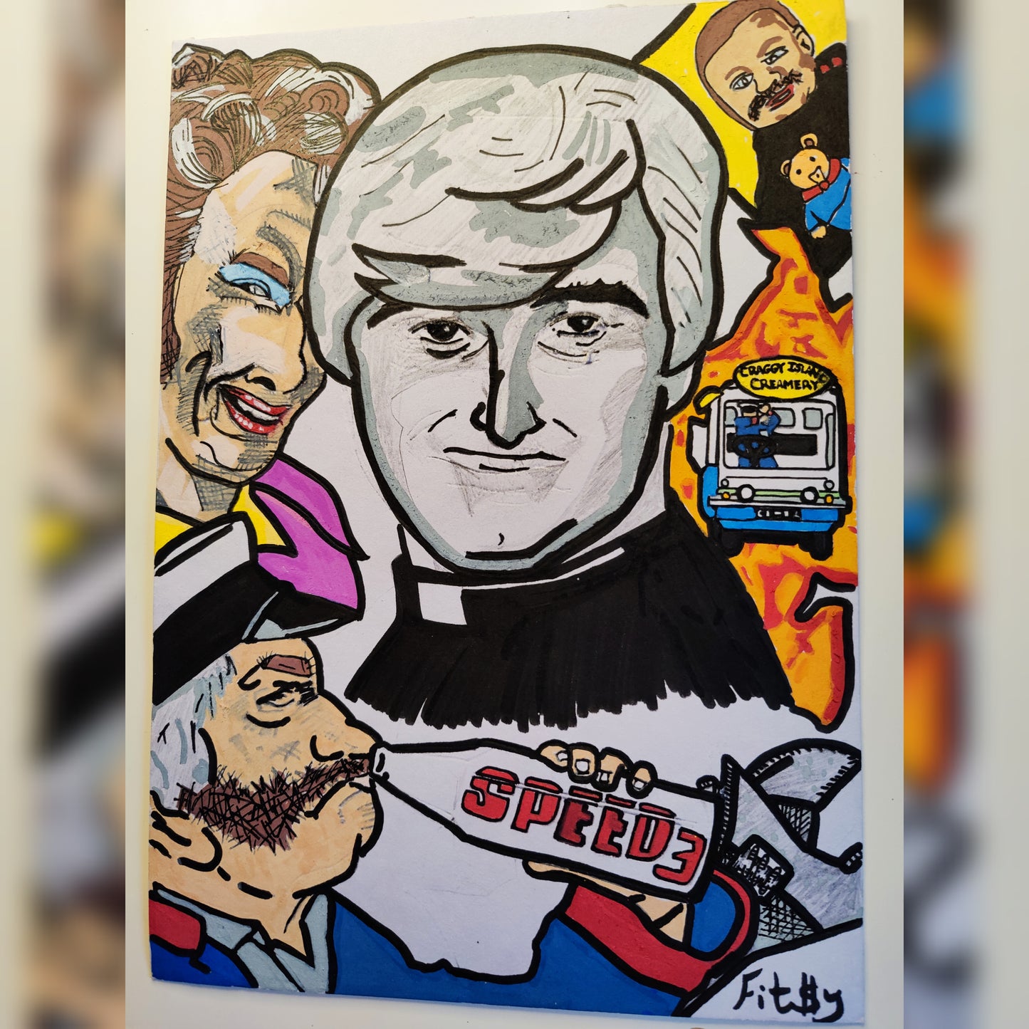 Original Art Painting of Father Ted Speed 3 by Irish Artist Fitzy