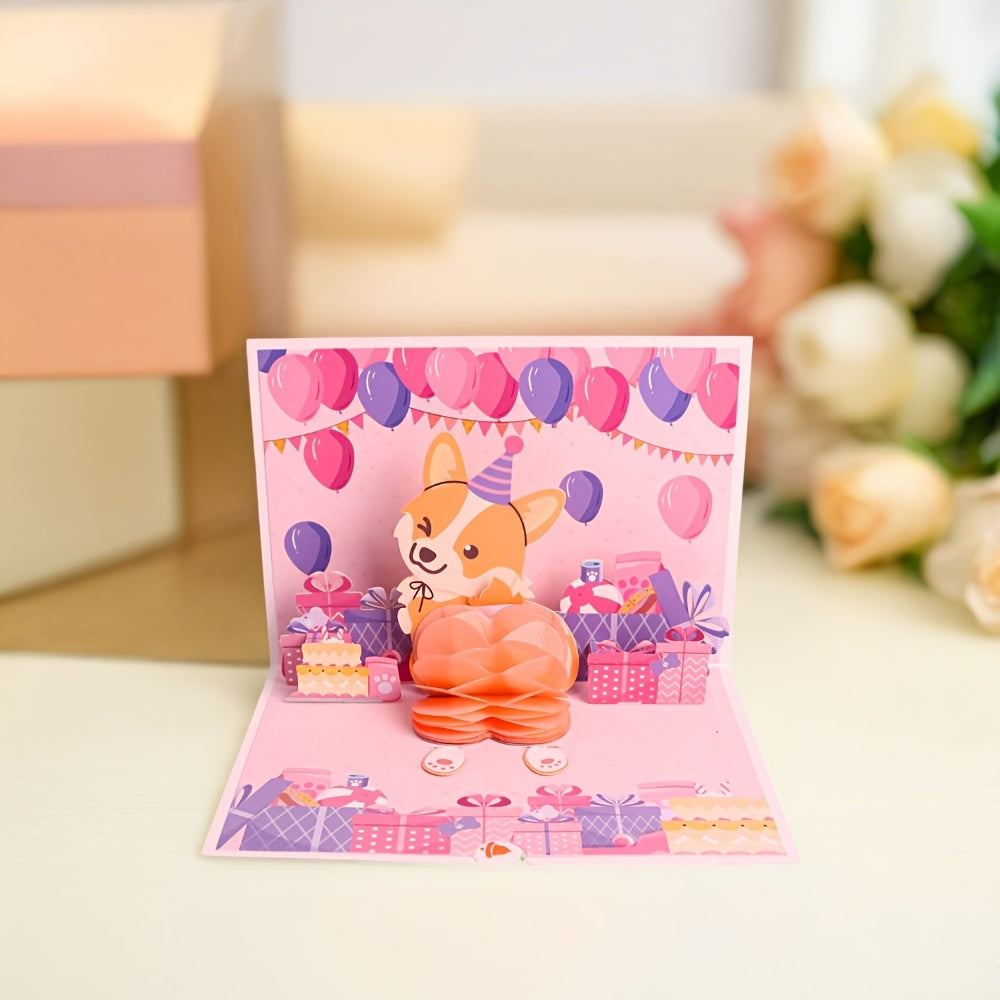 Happy Birthday 3D Pop Up Party Corgi Dog Greeting Card. (Ideal for dog lovers)