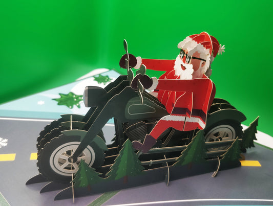 Beautifully Crafted Santa on Motorcycle Pop Up Christmas Card