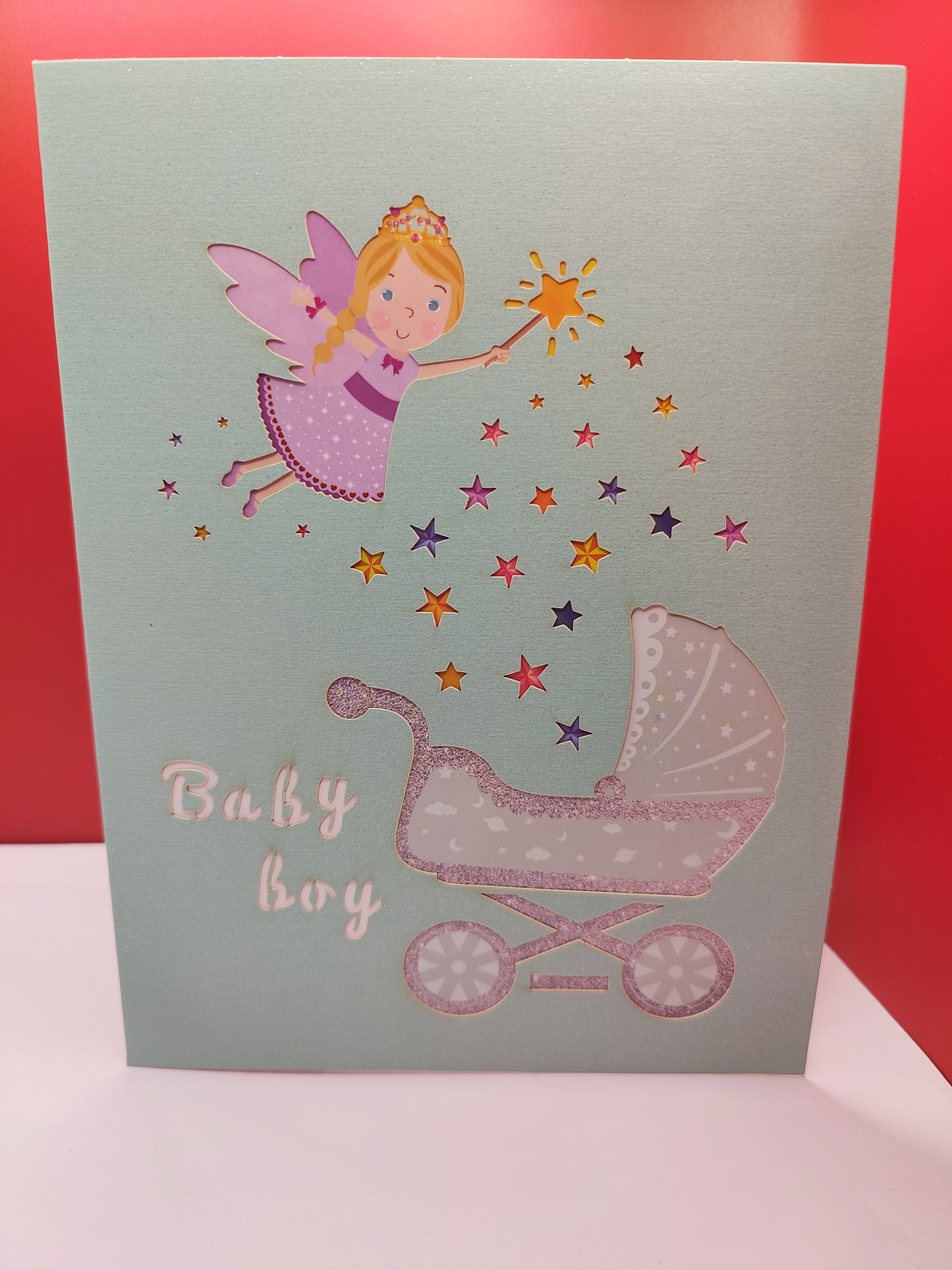 Beautifully crafted New-born Boy Pop Up Greeting Card with Buggy (Stroller) Fairy Design (Baby Shower)
