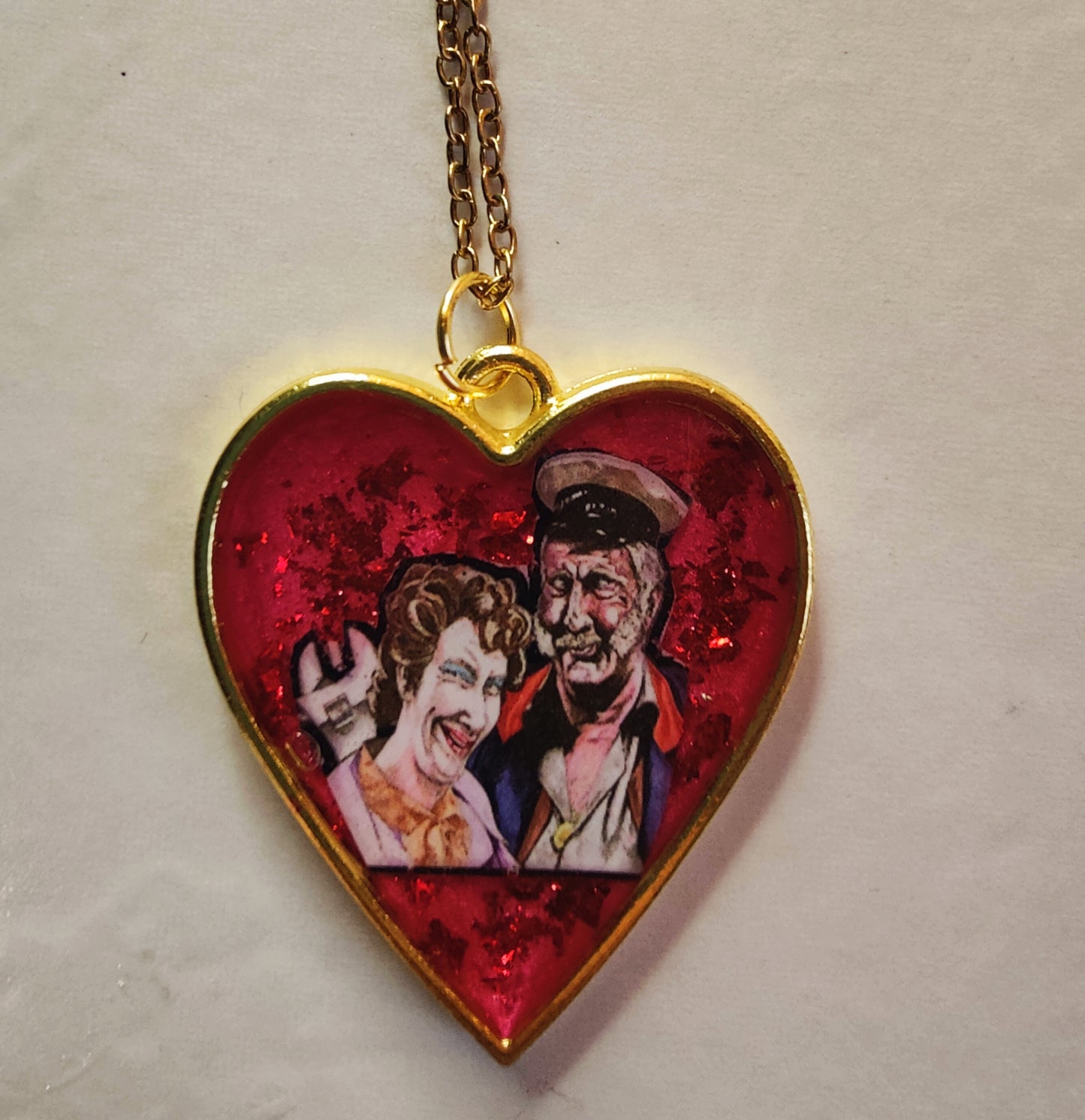 Beautiful Handcrafted Mrs Doyle and Pat Mustard (Father Ted)  Heart Shaped Pendant and Chain