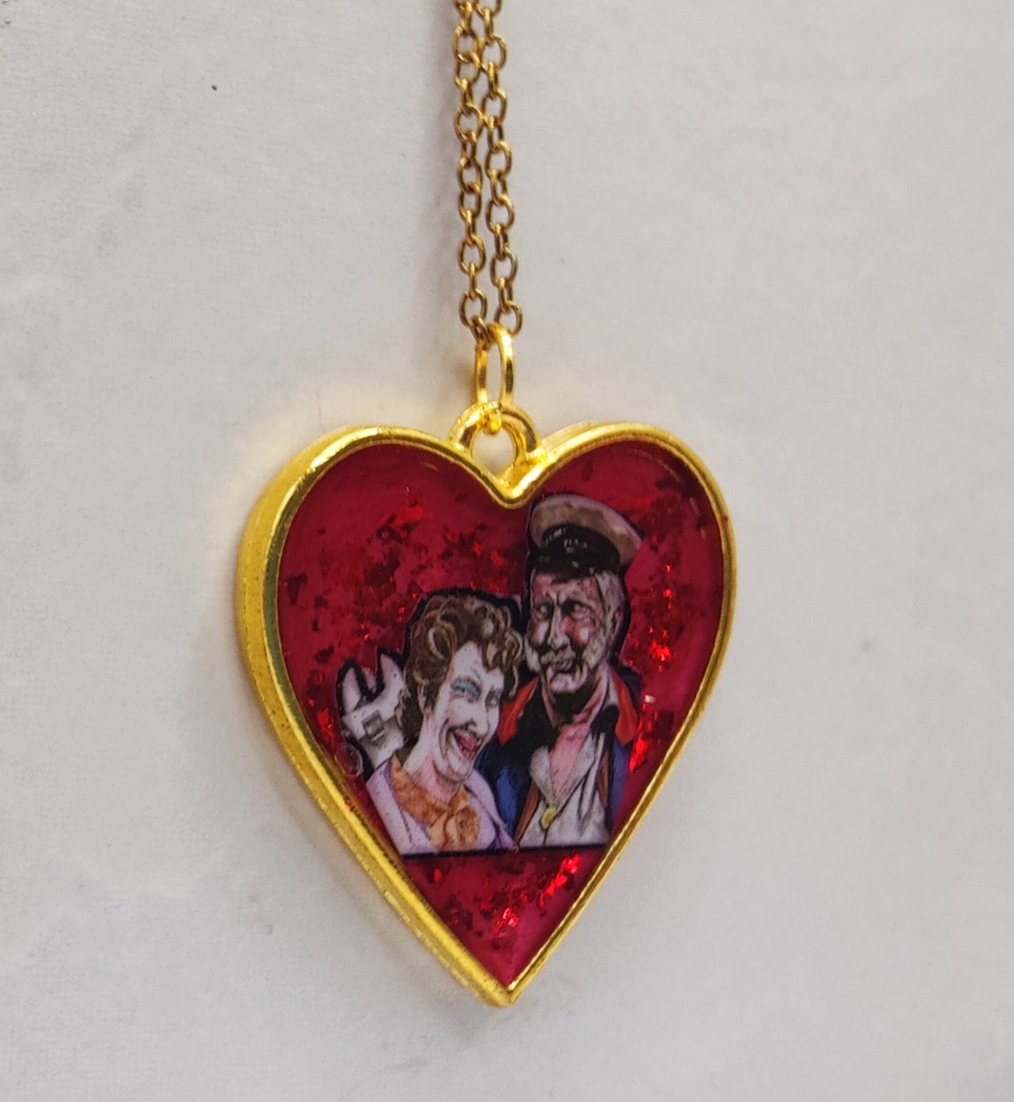 Beautiful Handcrafted Mrs Doyle and Pat Mustard (Father Ted)  Heart Shaped Pendant and Chain