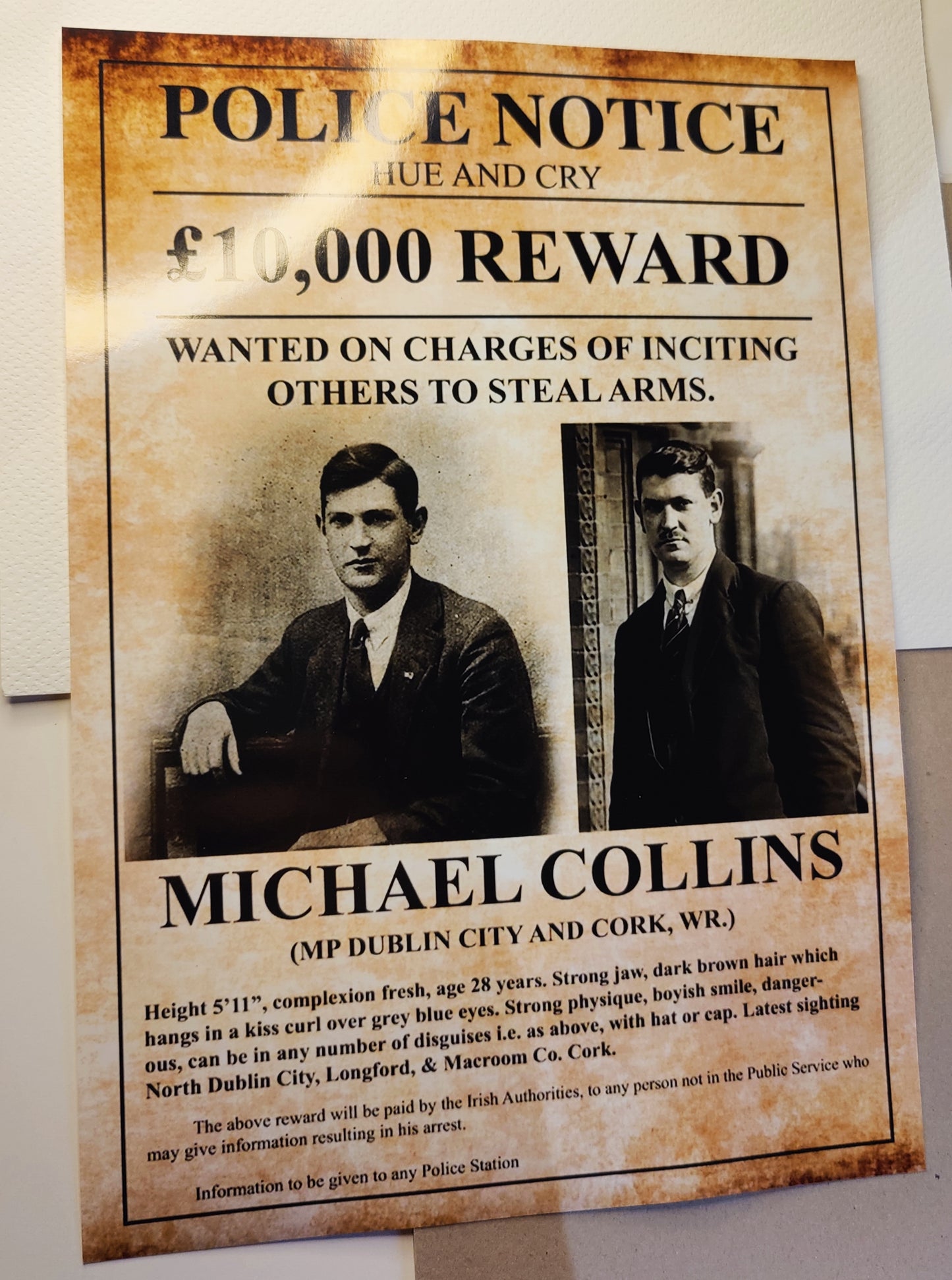 Michael Collins Police Notice Framed Glossy Wanted Poster