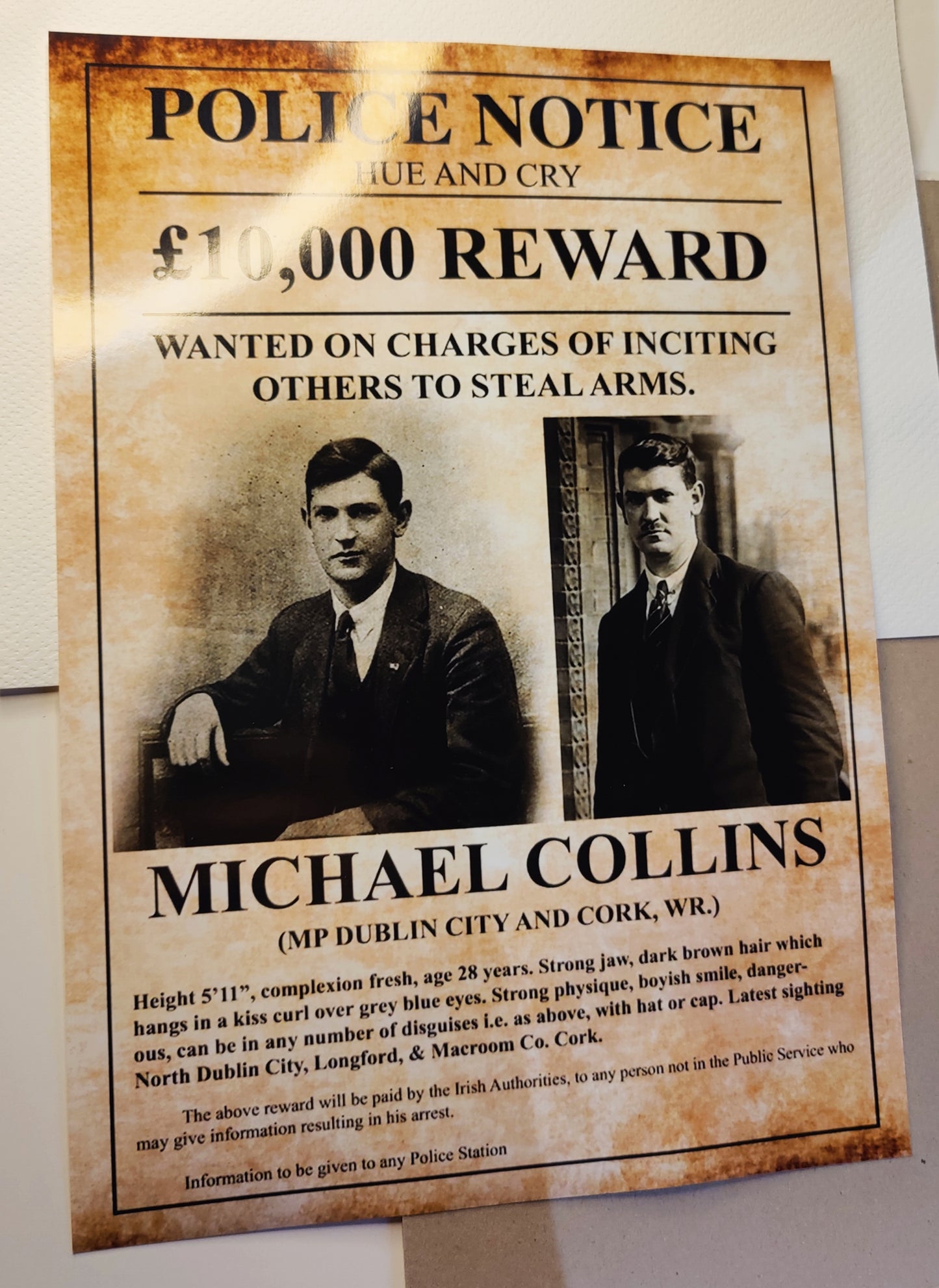 Michael Collins Police Notice Framed Glossy Wanted Poster