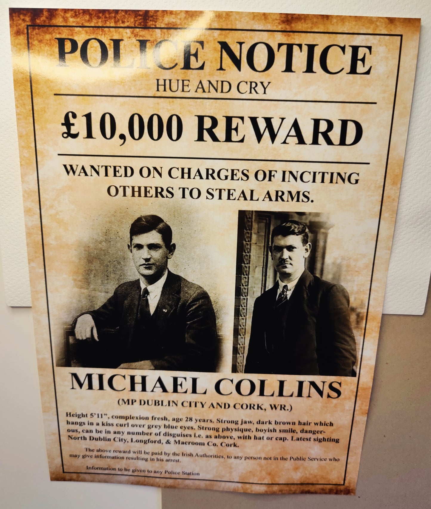 Michael Collins Police Notice Framed Glossy Wanted Poster