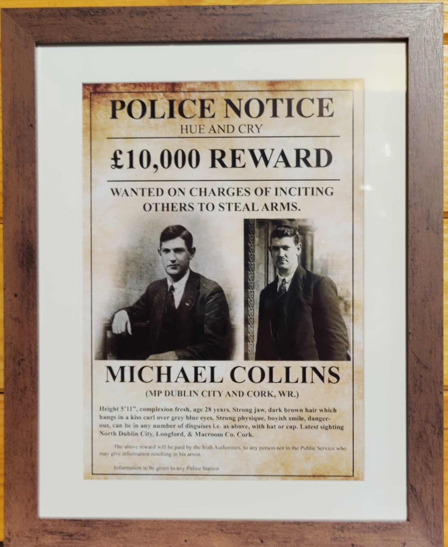 Michael Collins Police Notice Framed Glossy Wanted Poster