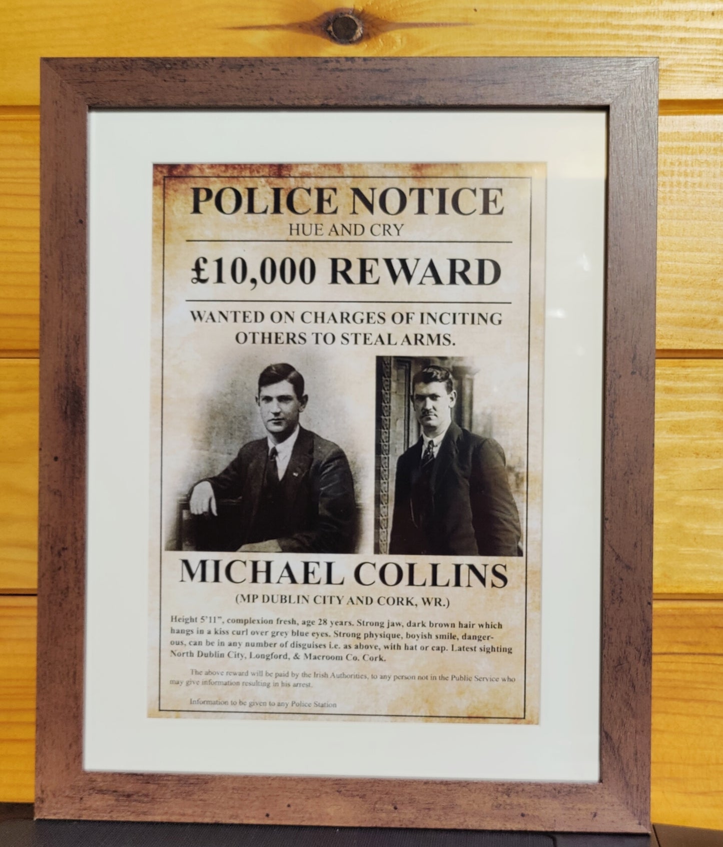 Michael Collins Police Notice Framed Glossy Wanted Poster