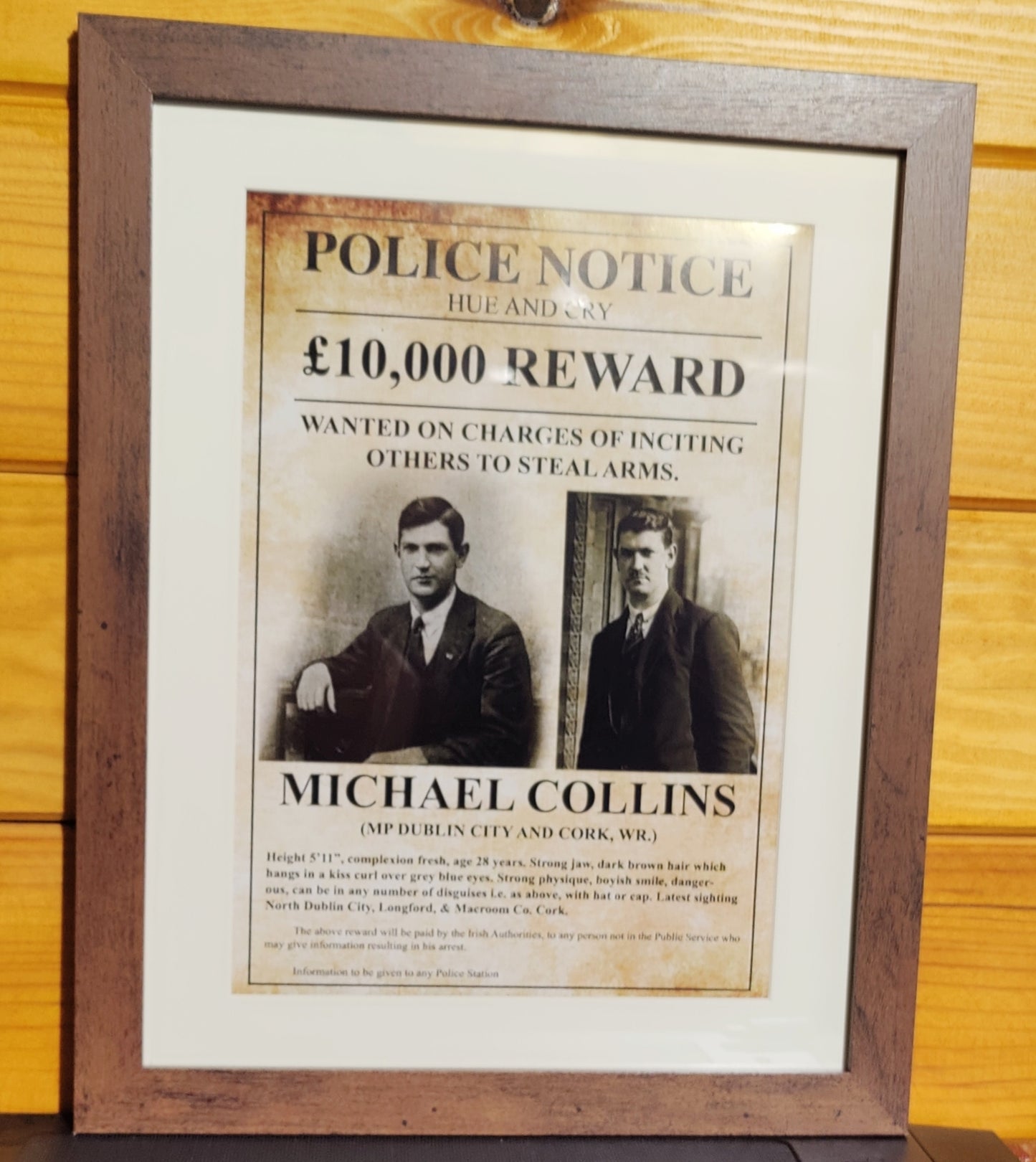 Michael Collins Police Notice Framed Glossy Wanted Poster