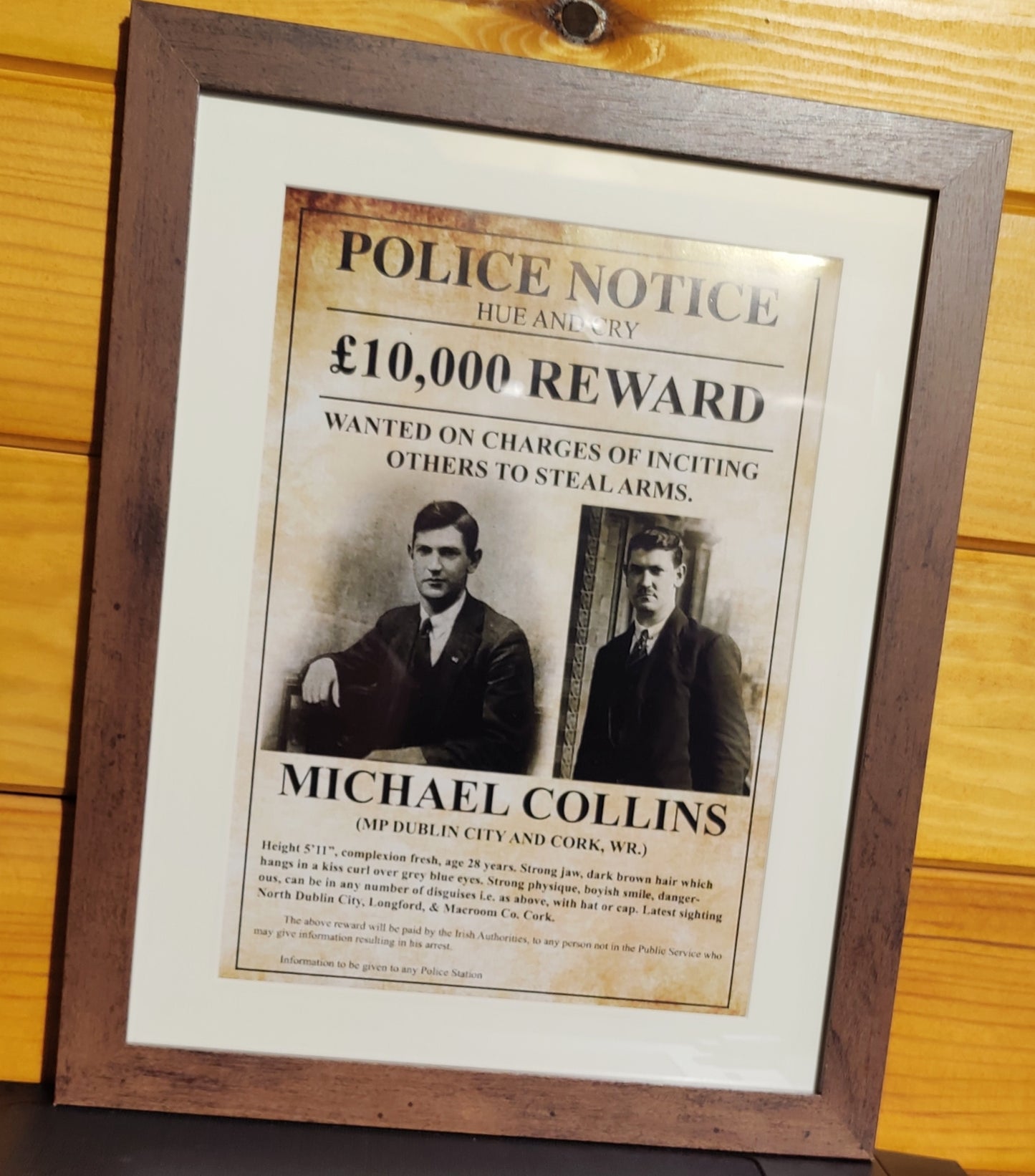 Michael Collins Police Notice Framed Glossy Wanted Poster