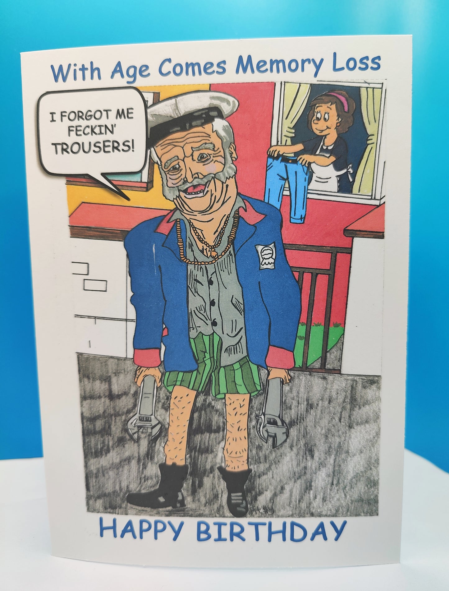 Funny Pat Mustard Forgetful with Age Birthday Joke Greeting Card by Irish Artist Fit$y. (Father Ted)