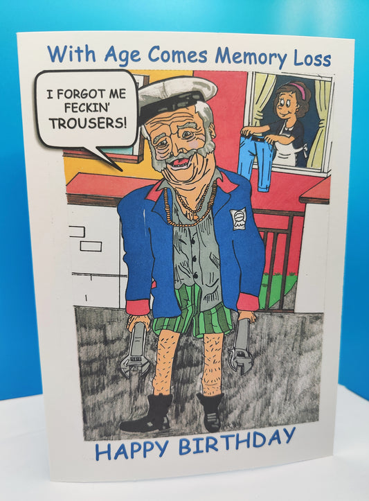 Funny Pat Mustard Forgetful with Age Birthday Joke Greeting Card by Irish Artist Fit$y. (Father Ted)